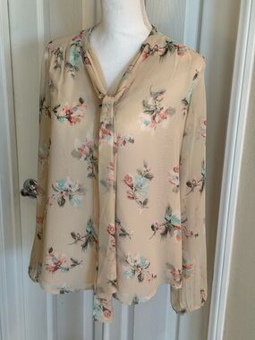 The Limited Beige Floral Tie-Neck Blouse